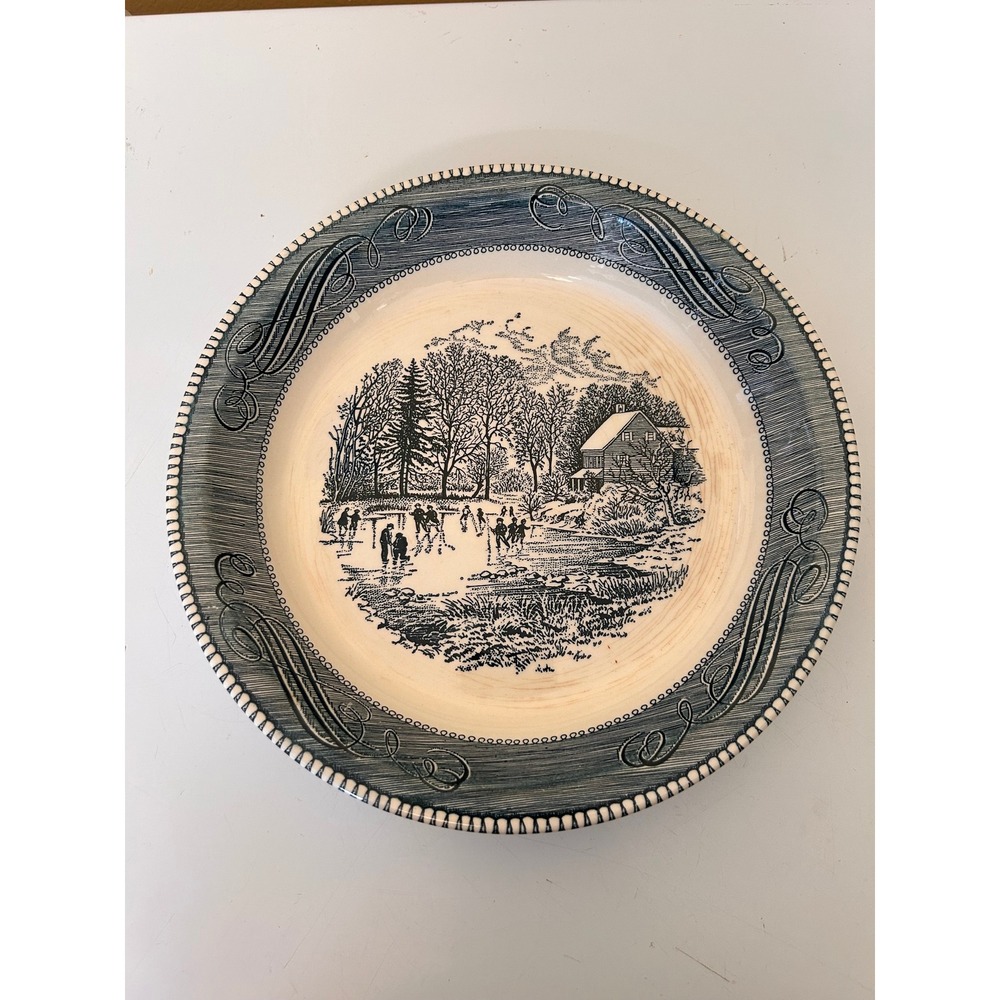 Vintage USA Ironstone Winter Ice Skating Scene Dinner Plate Blue Grey Border